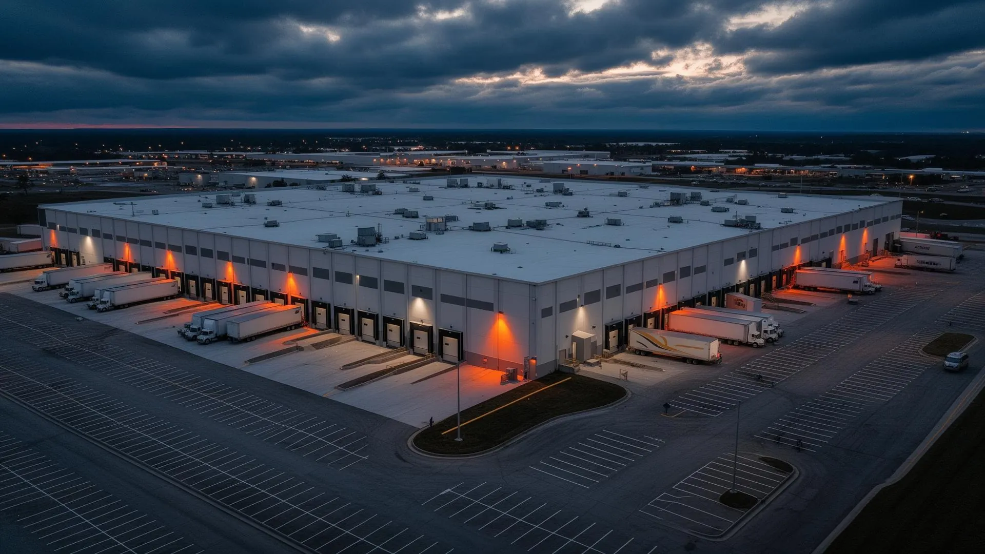 Aerial view of industrial distribution center at dusk